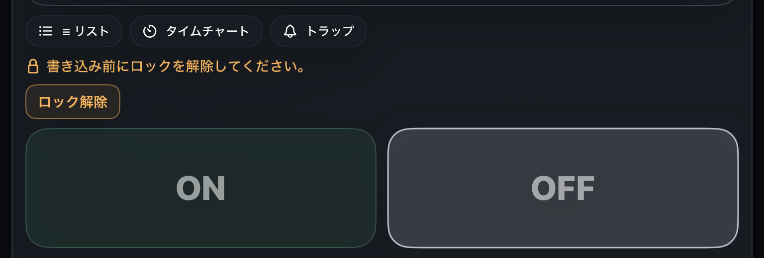 書込ロック中のBITデバイス操作パネルに表示されたロック解除ボタンとON/OFFボタン